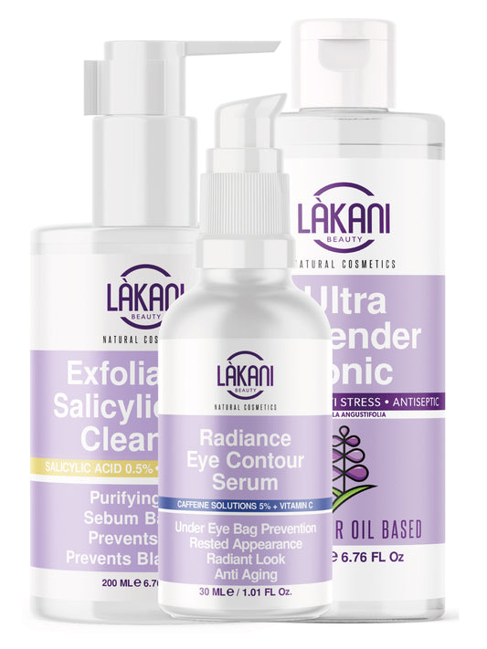 Exfoliating Salisylic Acid Cleanser , Radiance Eye Contour Serum & Ultra Lavender Tonic